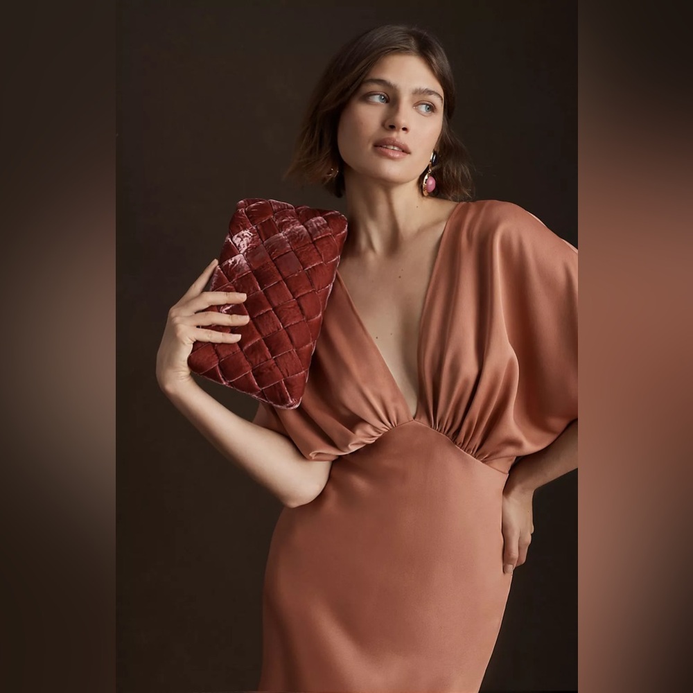 BHLDN Leila Deep-V Flutter-Sleeve Satin A-Line Gown